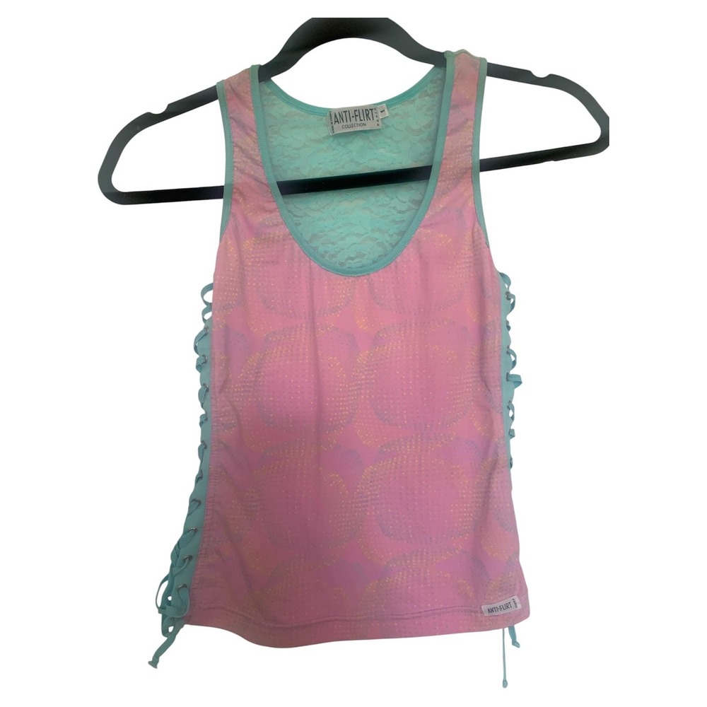 Anti-Flirt Paris Tank Top Womens S Pink Blue Excellent Lace Up Y2K Vintage